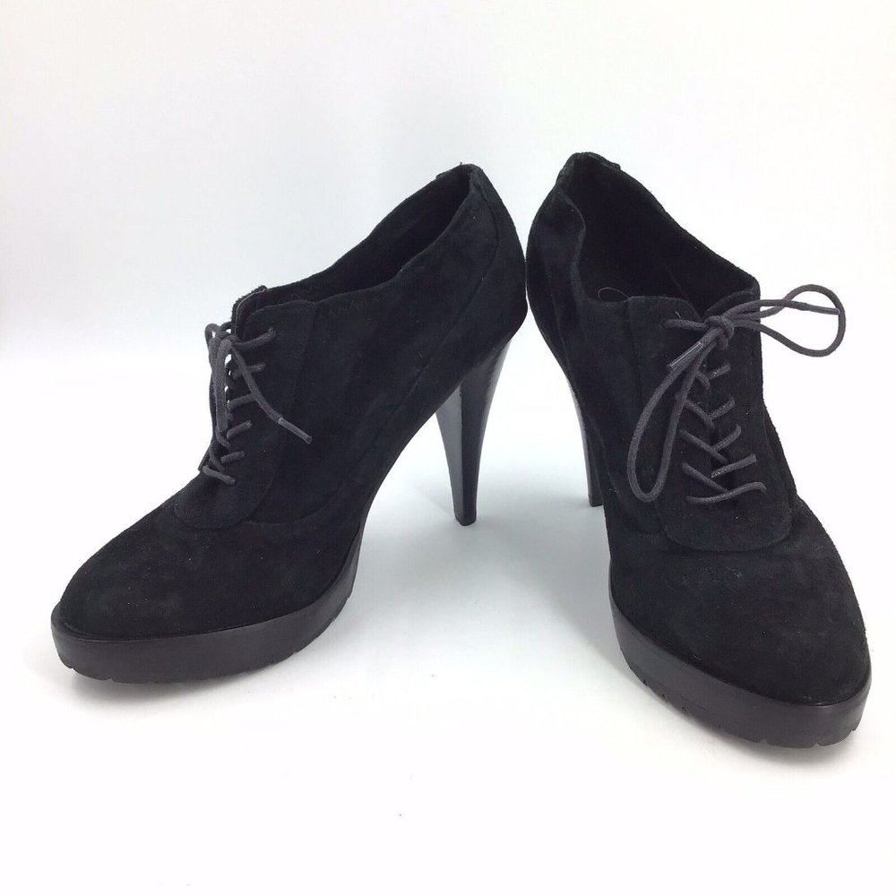 Envy Women's Sz 8.5 M Mary Lace Up Black Leather Suede Pump Stiletto Heels